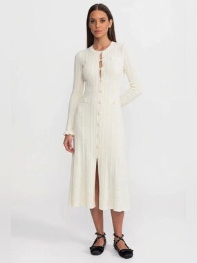 Sierra Darien Knit Button-Front Midi Dress w/ Pointelle Detailing White